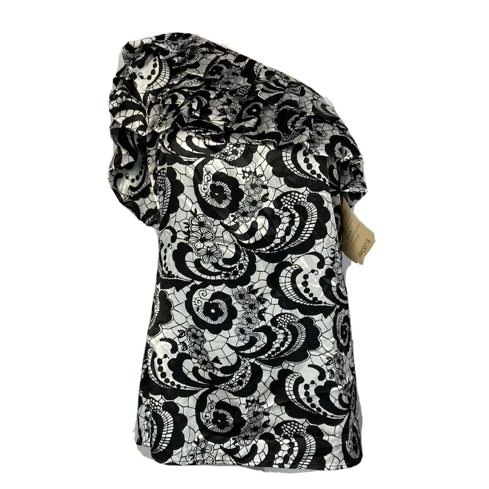 NWT Arden B Shirt Womens Sz L Ivory Black Paisley Lace Print Ruffle One Shoulder